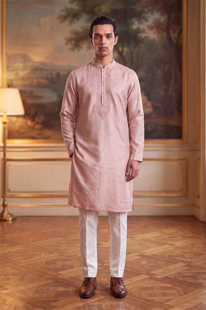 Peach Linen Geometric Embroidered Kurta With Trouser MKSET2366