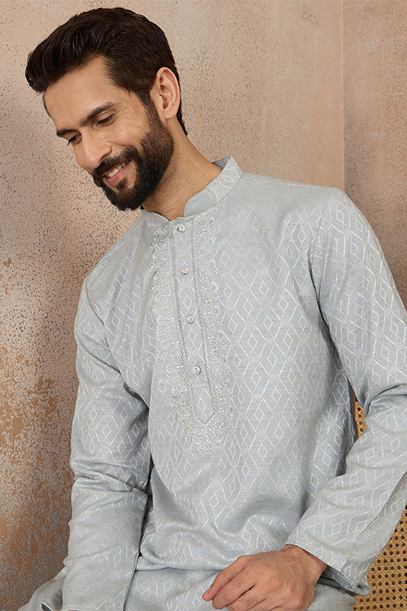 Blue Linen Self Design Embroidered Kurta MKU2367