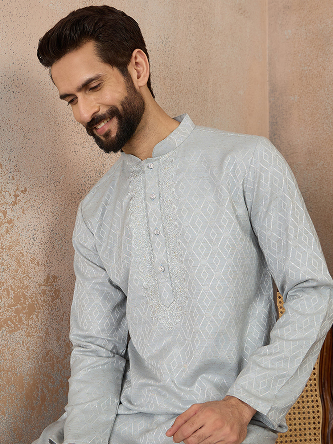 Blue Linen Self Design Embroidered Kurta With Trouser MKSET2367