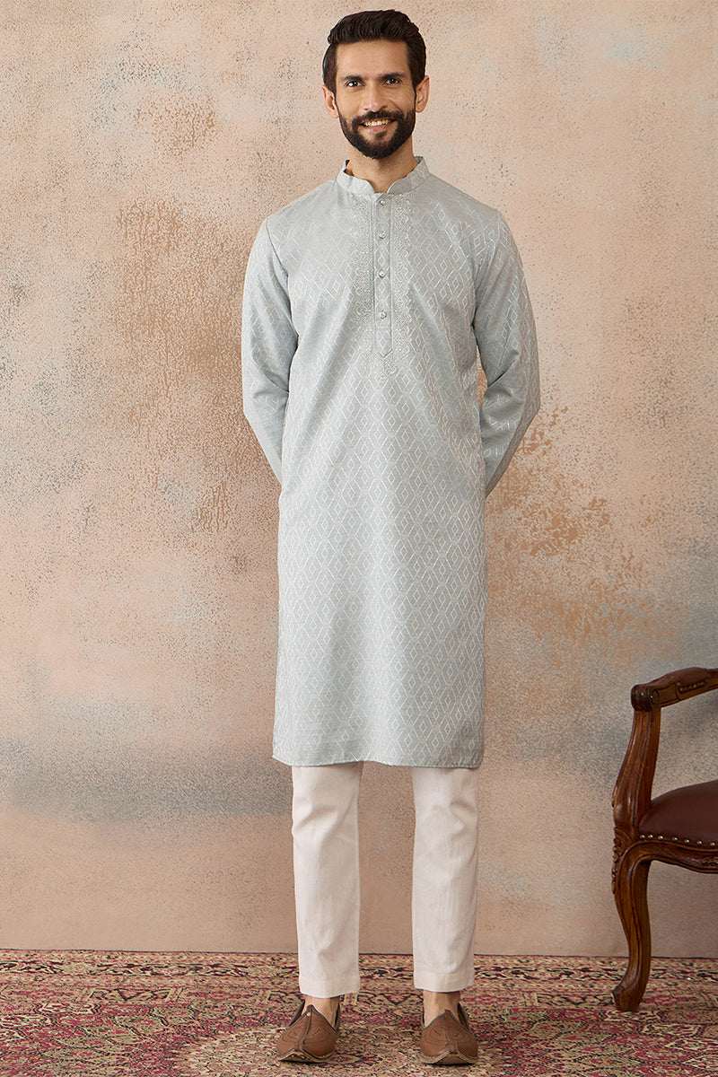 Blue Linen Self Design Embroidered Kurta MKU2367