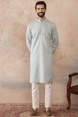 Blue Linen Self Design Embroidered Kurta MKU2367