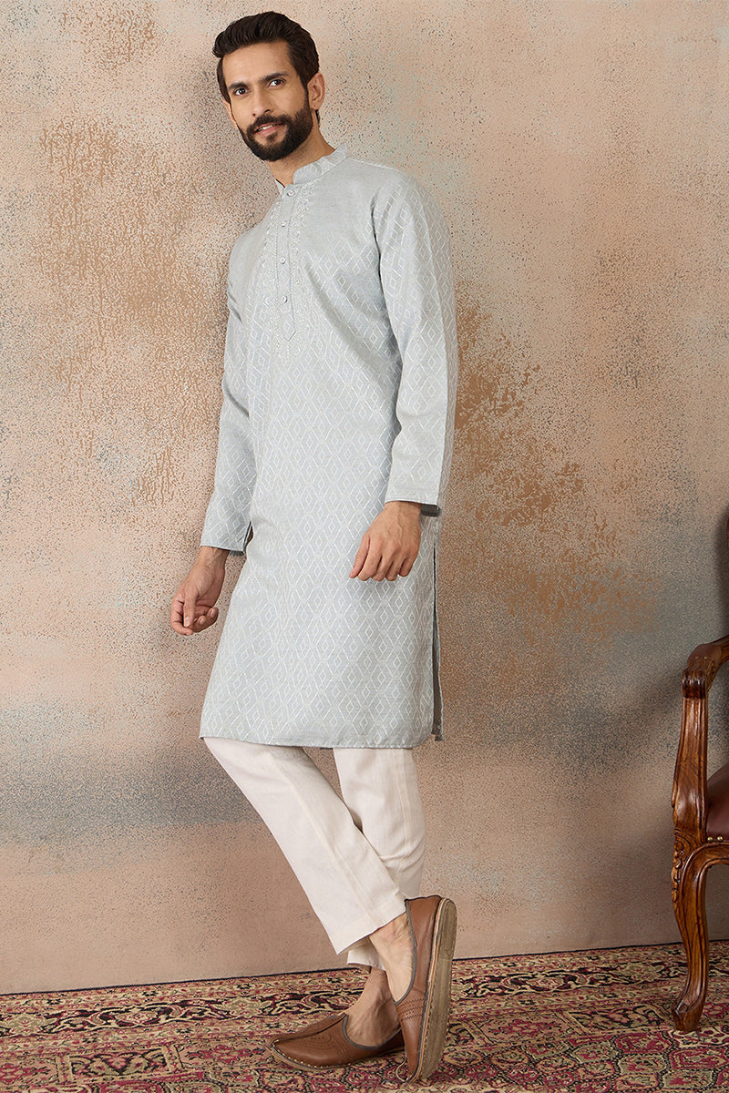 Blue Linen Self Design Embroidered Kurta With Trouser MKSET2367