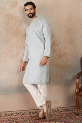 Blue Linen Self Design Embroidered Kurta MKU2367