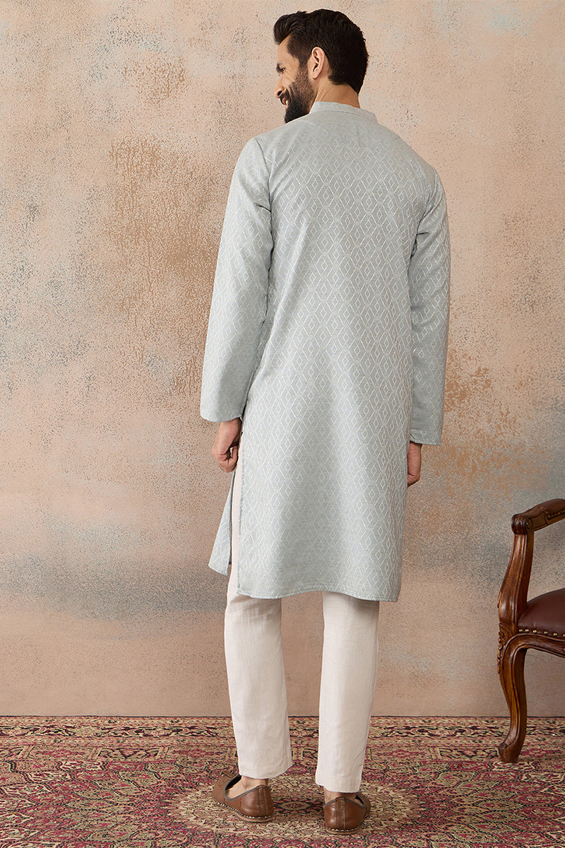 Blue Linen Self Design Embroidered Kurta MKU2367