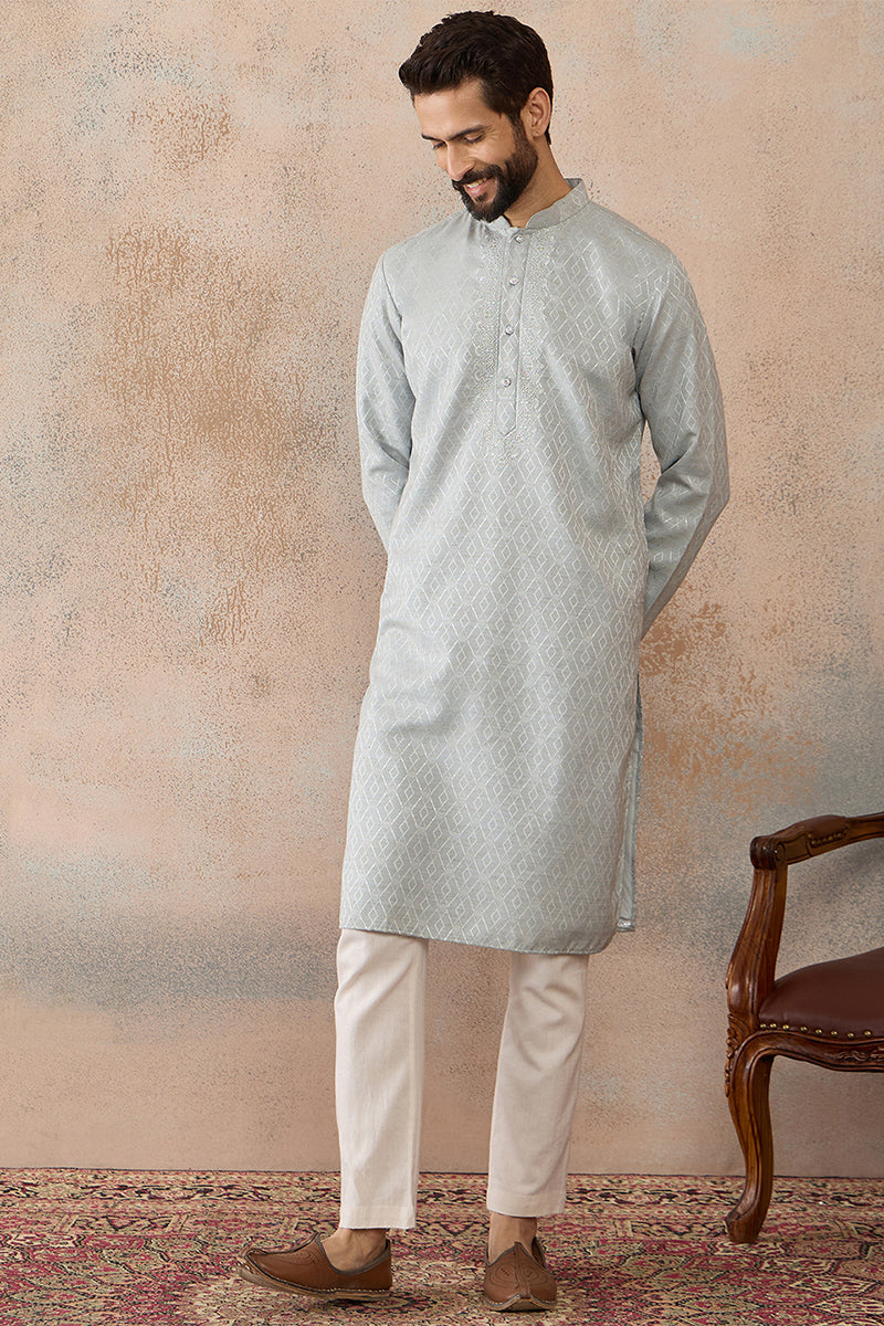 Blue Linen Self Design Embroidered Kurta MKU2367