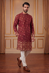 Maroon Silk Blend Woven Design Calf Length Straight Regular Kurta With Trouser MKSET2368
