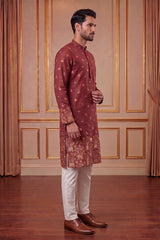 Maroon Silk Blend Woven Design Calf Length Straight Regular Kurta With Trouser MKSET2368