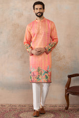 Orange Silk Blend Ethnic Motifs Printed Straight Kurta with Trousers  MKSET2369