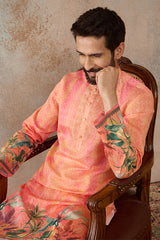Orange Silk Blend Ethnic Motifs Printed Straight Kurta with Trousers  MKSET2369