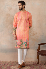 Orange Silk Blend Ethnic Motifs Printed Straight Kurta with Trousers  MKSET2369