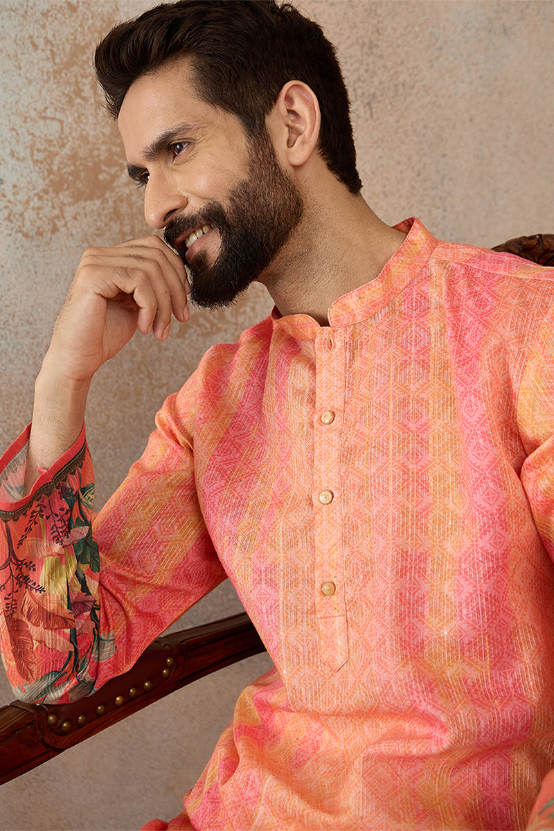 Orange Silk Blend Ethnic Motifs Printed Straight Kurta with Trousers  MKSET2369