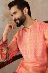 Orange Silk Blend Ethnic Motifs Printed Straight Kurta with Trousers  MKSET2369