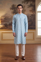 Blue Linen Ikkat Print Regular Kurta With Trouser MKSET2428