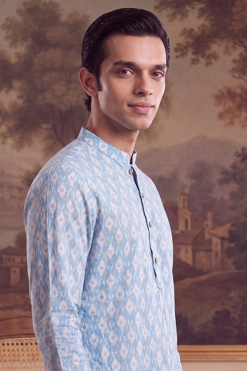 Blue Linen Ikkat Print Regular Kurta MKU2428
