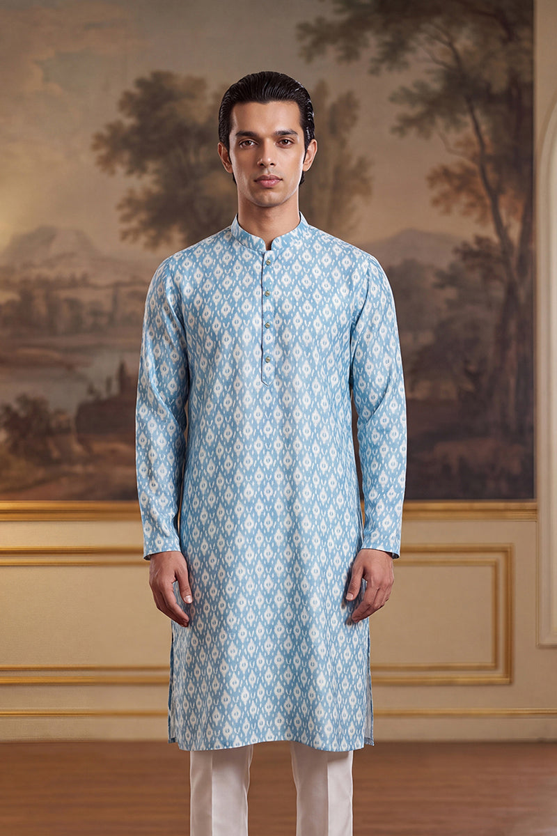 Blue Linen Ikkat Print Regular Kurta MKU2428