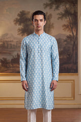 Blue Linen Ikkat Print Regular Kurta MKU2428
