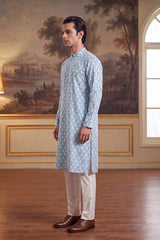Blue Linen Ikkat Print Regular Kurta With Trouser MKSET2428