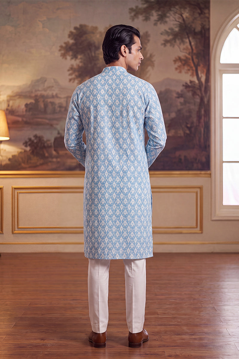 Blue Linen Ikkat Print Regular Kurta With Trouser MKSET2428