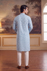 Blue Linen Ikkat Print Regular Kurta MKU2428