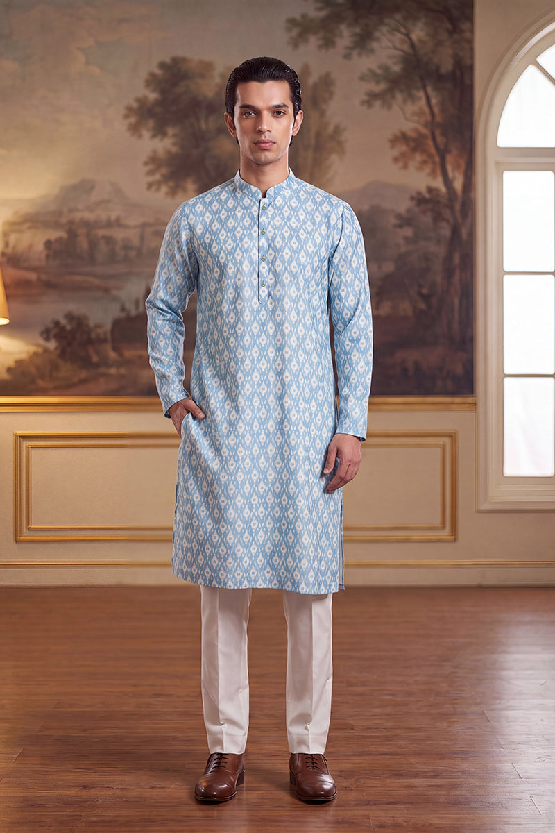 Blue Linen Ikkat Print Regular Kurta With Trouser MKSET2428