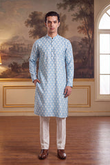 Blue Linen Ikkat Print Regular Kurta MKU2428