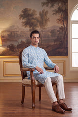 Blue Linen Ikkat Print Regular Kurta MKU2428
