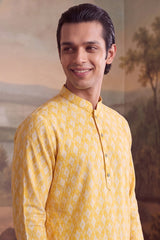 Yellow Linen Ikkat Print Regular Kurta With Trouser MKSET2429