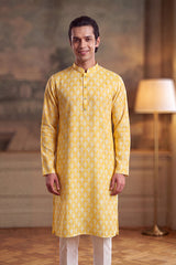 Yellow Linen Ikkat Print Regular Kurta MKU2429