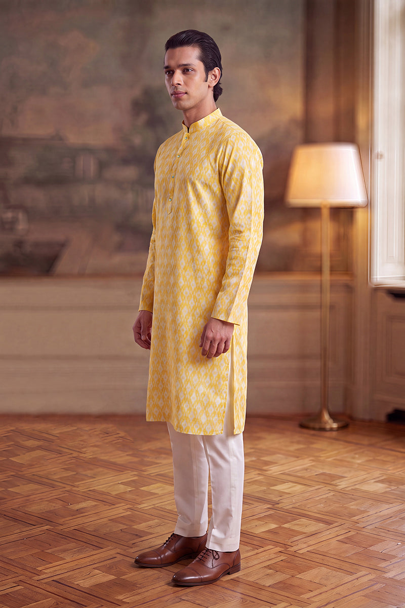 Yellow Linen Ikkat Print Regular Kurta MKU2429