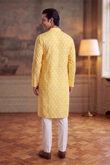 Yellow Linen Ikkat Print Regular Kurta MKU2429