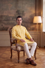 Yellow Linen Ikkat Print Regular Kurta MKU2429