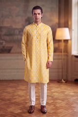 Yellow Linen Ikkat Print Regular Kurta MKU2429
