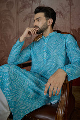 Blue Linen Bandhani Print Regular Kurta MKU2430