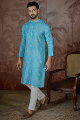 Blue Linen Bandhani Print Regular Kurta MKU2430
