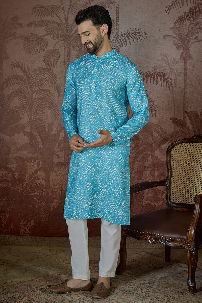 Blue Linen Bandhani Print Regular Kurta With Trouser MKSET2430