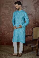 Blue Linen Bandhani Print Regular Kurta MKU2430