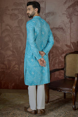 Blue Linen Bandhani Print Regular Kurta With Trouser MKSET2430