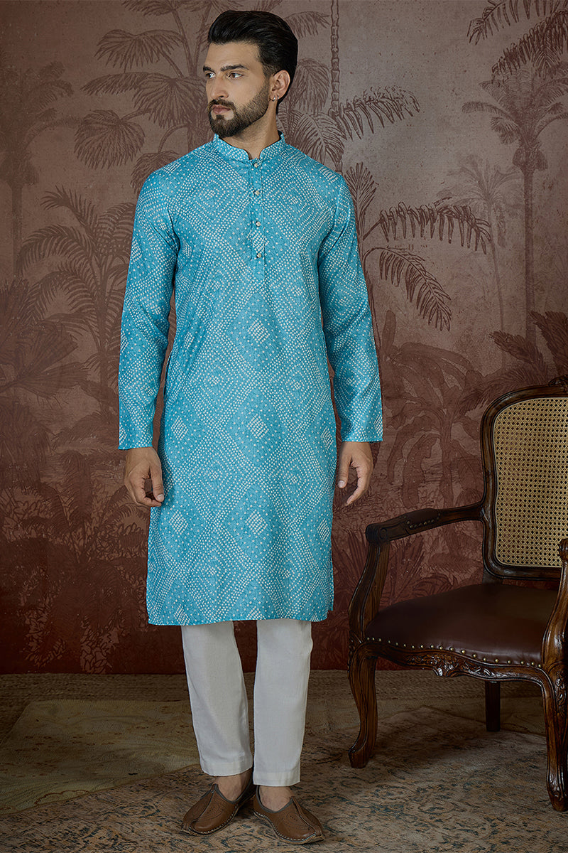 Blue Linen Bandhani Print Regular Kurta With Trouser MKSET2430