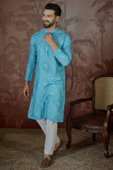 Blue Linen Bandhani Print Regular Kurta MKU2430