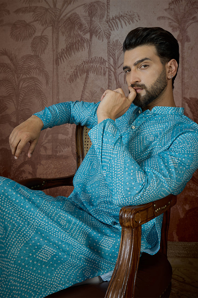 Blue Linen Bandhani Print Regular Kurta MKU2430