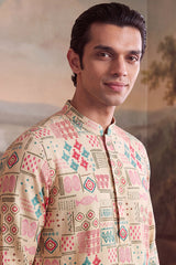 Cream Linen Geometric Print Regular Kurta With Trouser MKSET2431