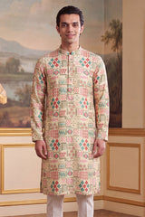 Cream Linen Geometric Print Regular Kurta With Trouser MKSET2431