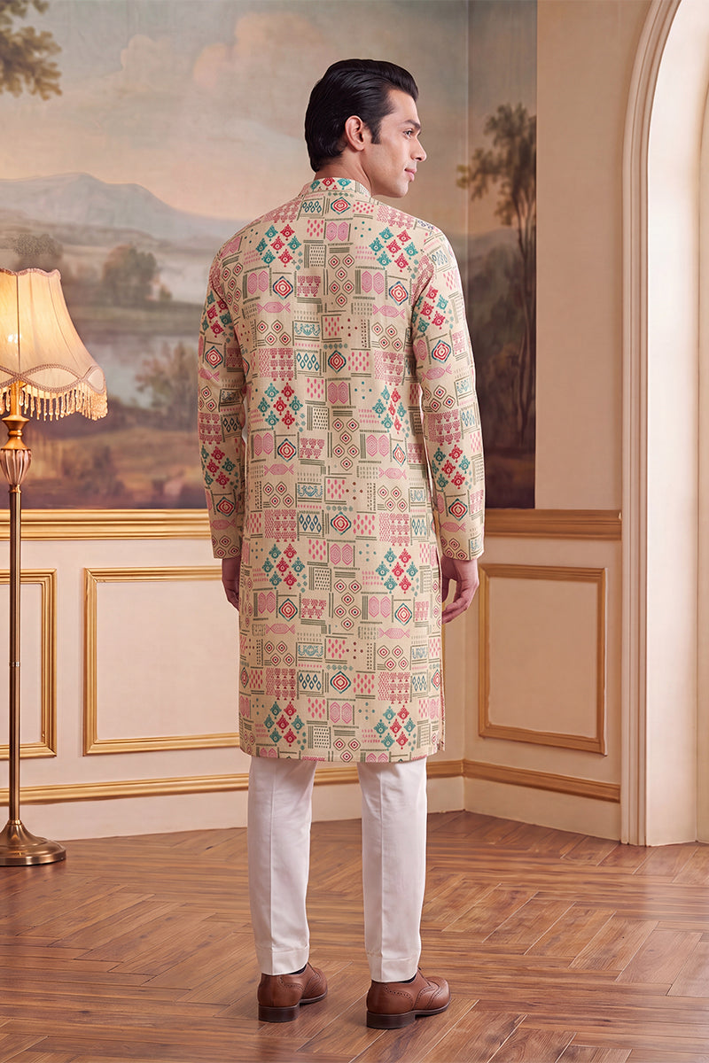 Cream Linen Geometric Print Regular Kurta With Trouser MKSET2431