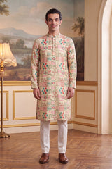 Cream Linen Geometric Print Regular Kurta With Trouser MKSET2431