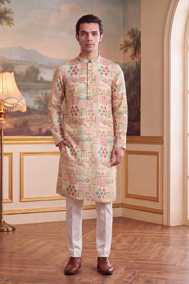 Cream Linen Geometric Print Regular Kurta With Trouser MKSET2431