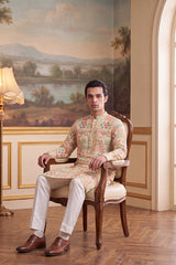 Cream Linen Geometric Print Regular Kurta With Trouser MKSET2431