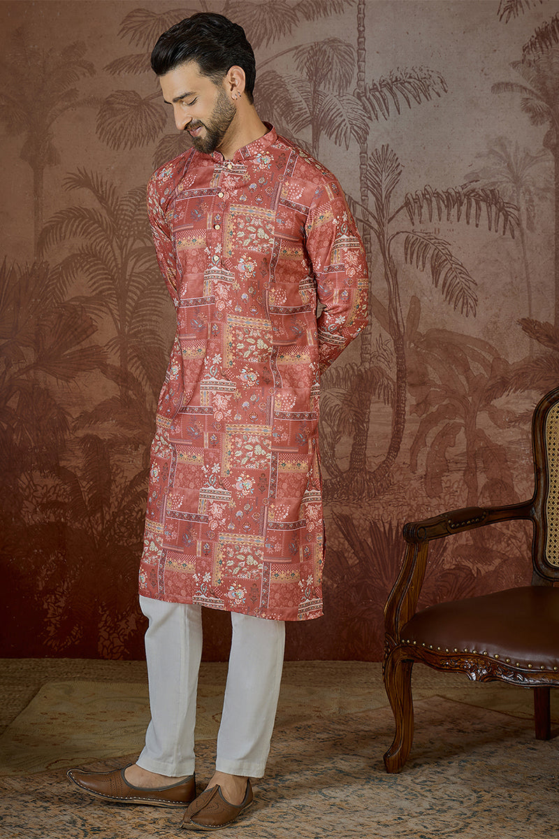 Silk Blend Pink Abstract Printed Kurta MKU2432