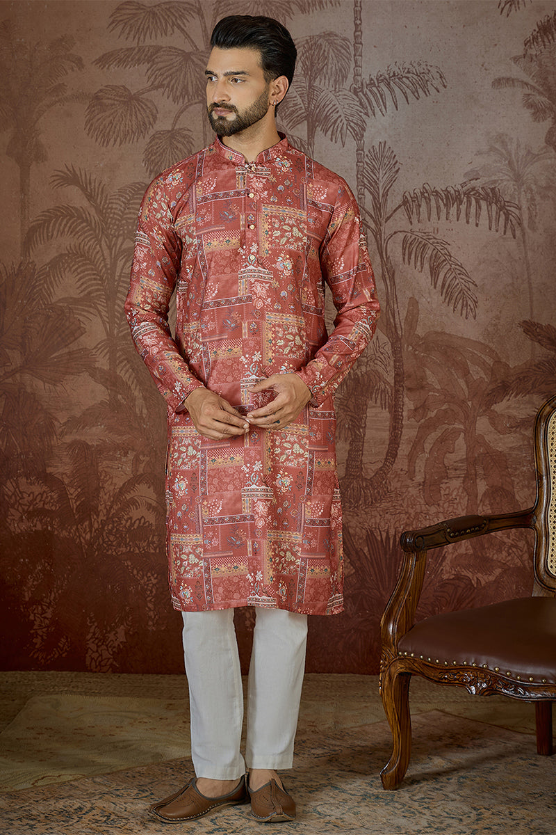 Silk Blend Pink Abstract Printed Kurta MKU2432
