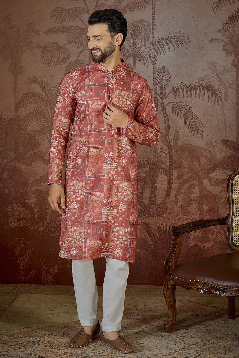 Silk Blend Pink Abstract Printed Kurta MKU2432