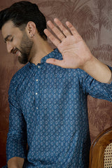 Blue Linen Floral Print Regular Kurta MKU2433